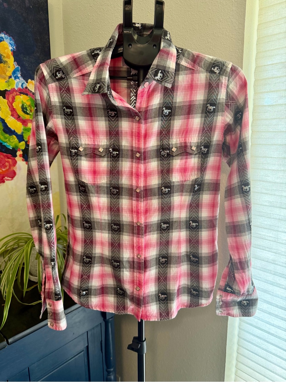 Panhandle Slim Pink Plaid Metallic Western Snap Shirt Women’s M
